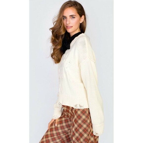 NWT WILDFOX Sz M SURE YEAH OK DISTRESSED PULLOVER SWEATER IN LATTE CREAM IVORY - Picture 7 of 12